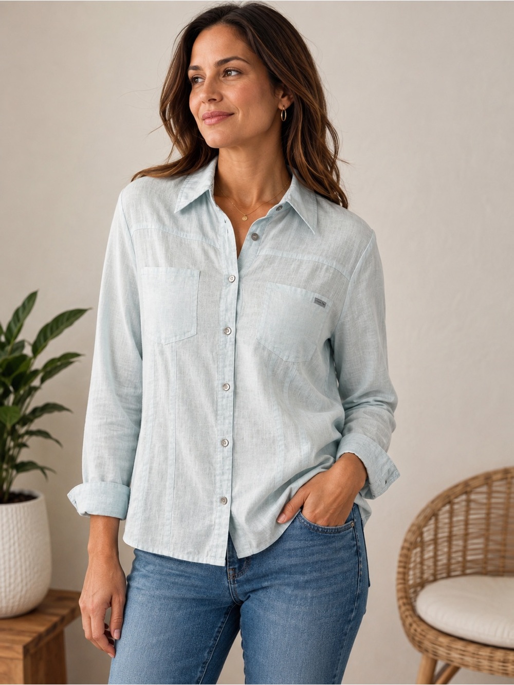 Street One Light Blue 100% Linen Button-Down Shirt Chest Pockets Women’s US 12